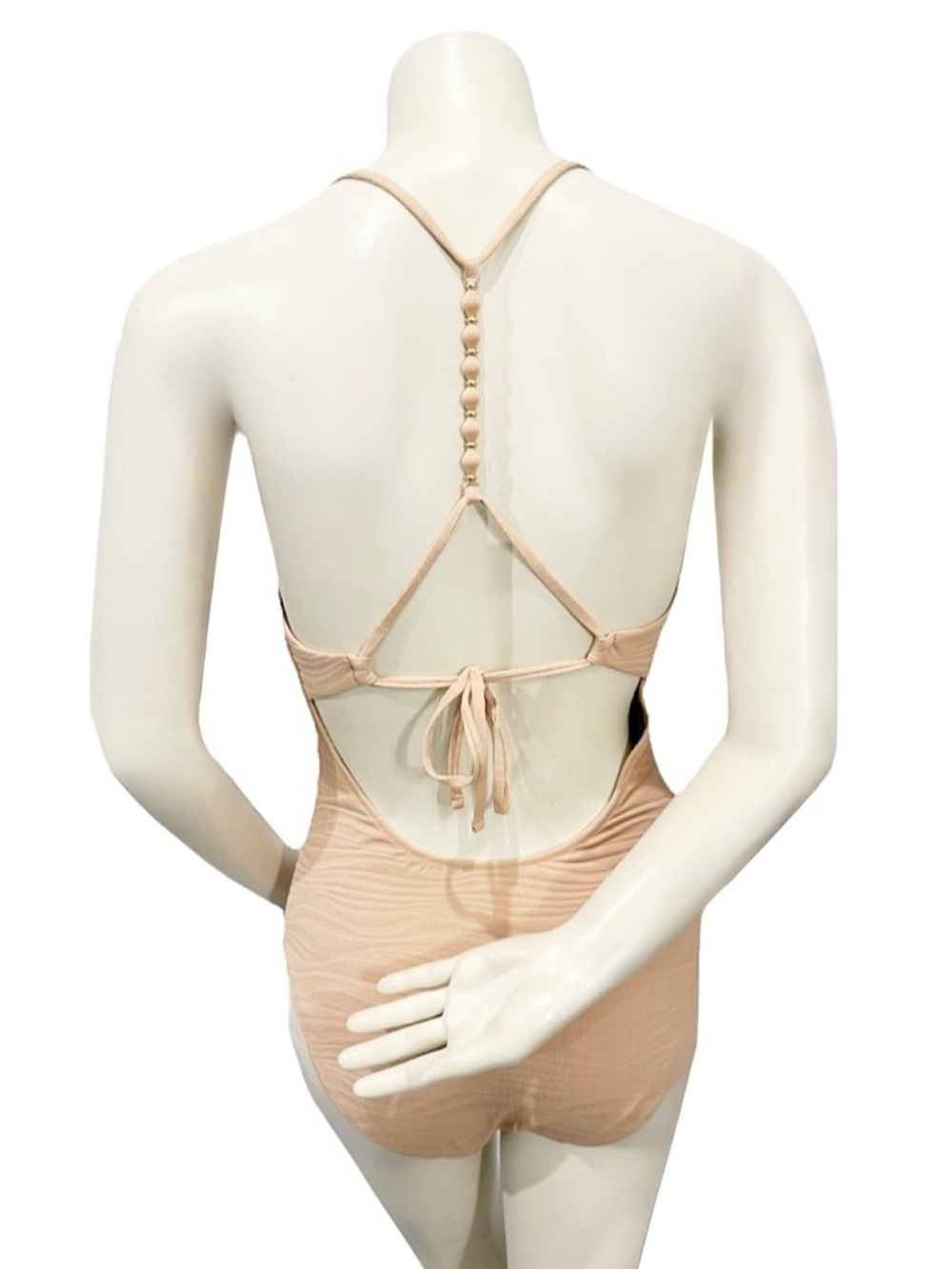 Aerie Beige Textured One Piece Swimsuit Open Back Beaded Strap M - Picture 5 of 10